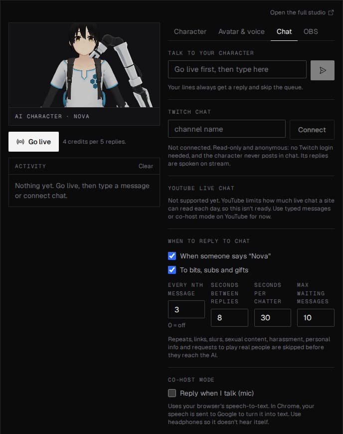 The AI VTuber studio's Chat tab: reply on mentions and on bits, subs and gifts, every 3rd message, 8 seconds between replies, 30 seconds per chatter, 10 waiting messages