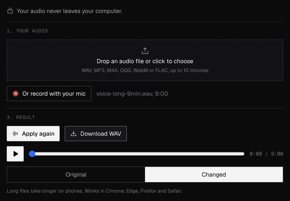Online Voice Changer with a 9-minute file loaded and the Robot result ready to download