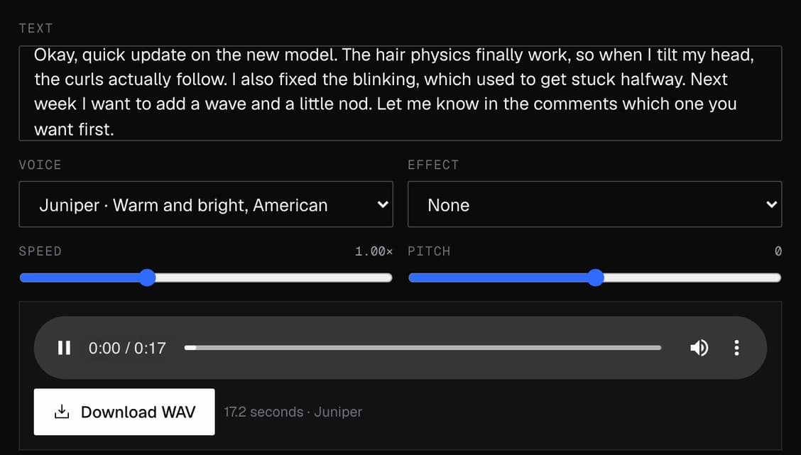 Character Voice Generator with our voiceover script, the Juniper voice and the 17.2-second result