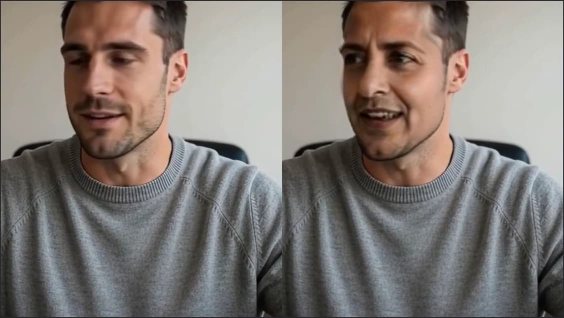 A man's camera next to his live swap with a woman's uploaded face: his short hair and stubble stay