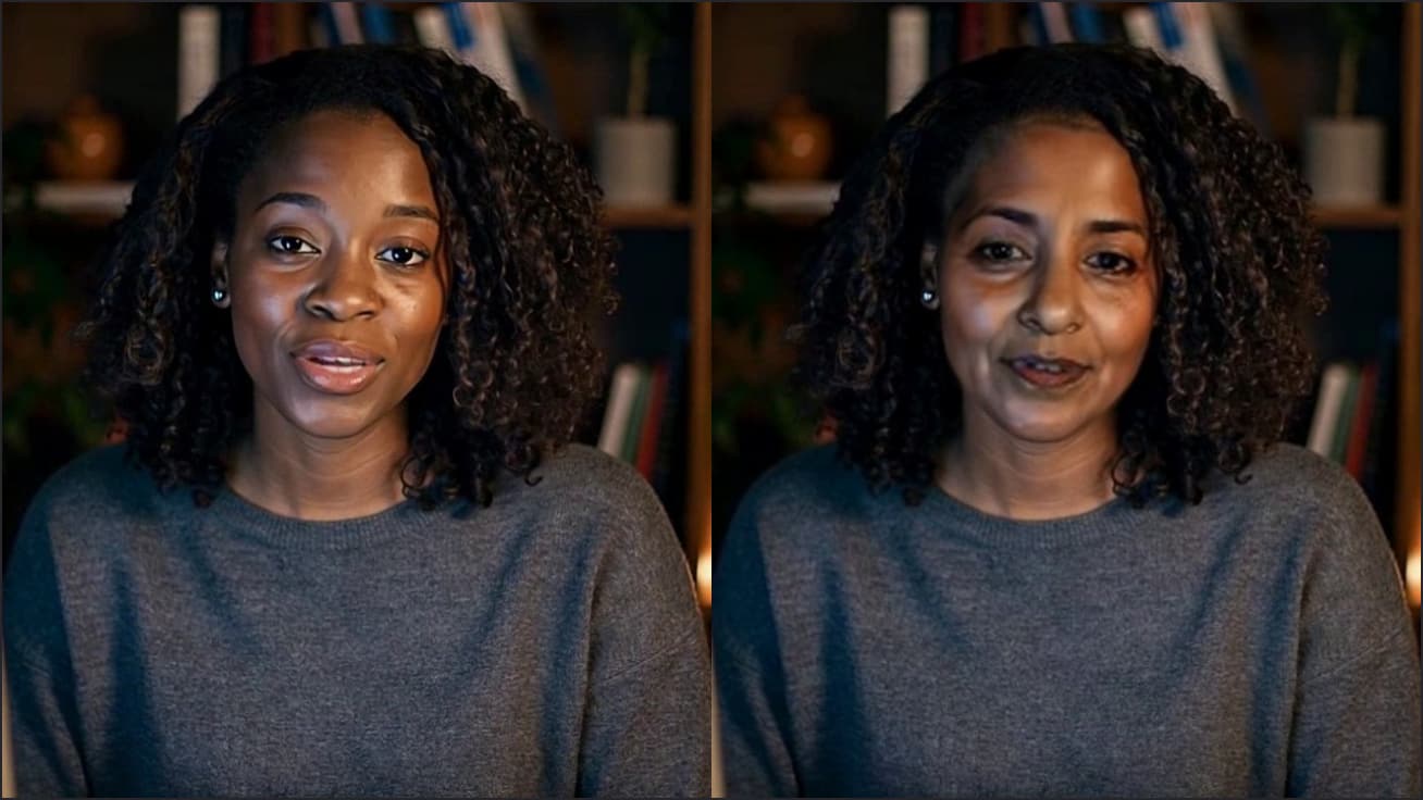 A webcam frame and the same frame with a different face swapped in live, side by side
