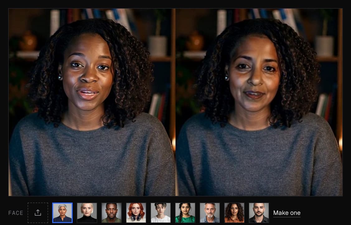 Live Face Swap running with an uploaded face picked, in side-by-side view