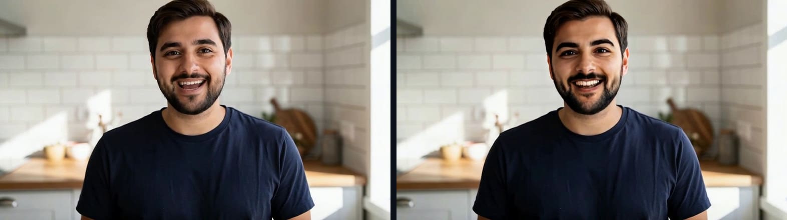 A vlog frame before and after a video face swap, the same kitchen and t-shirt with a different face