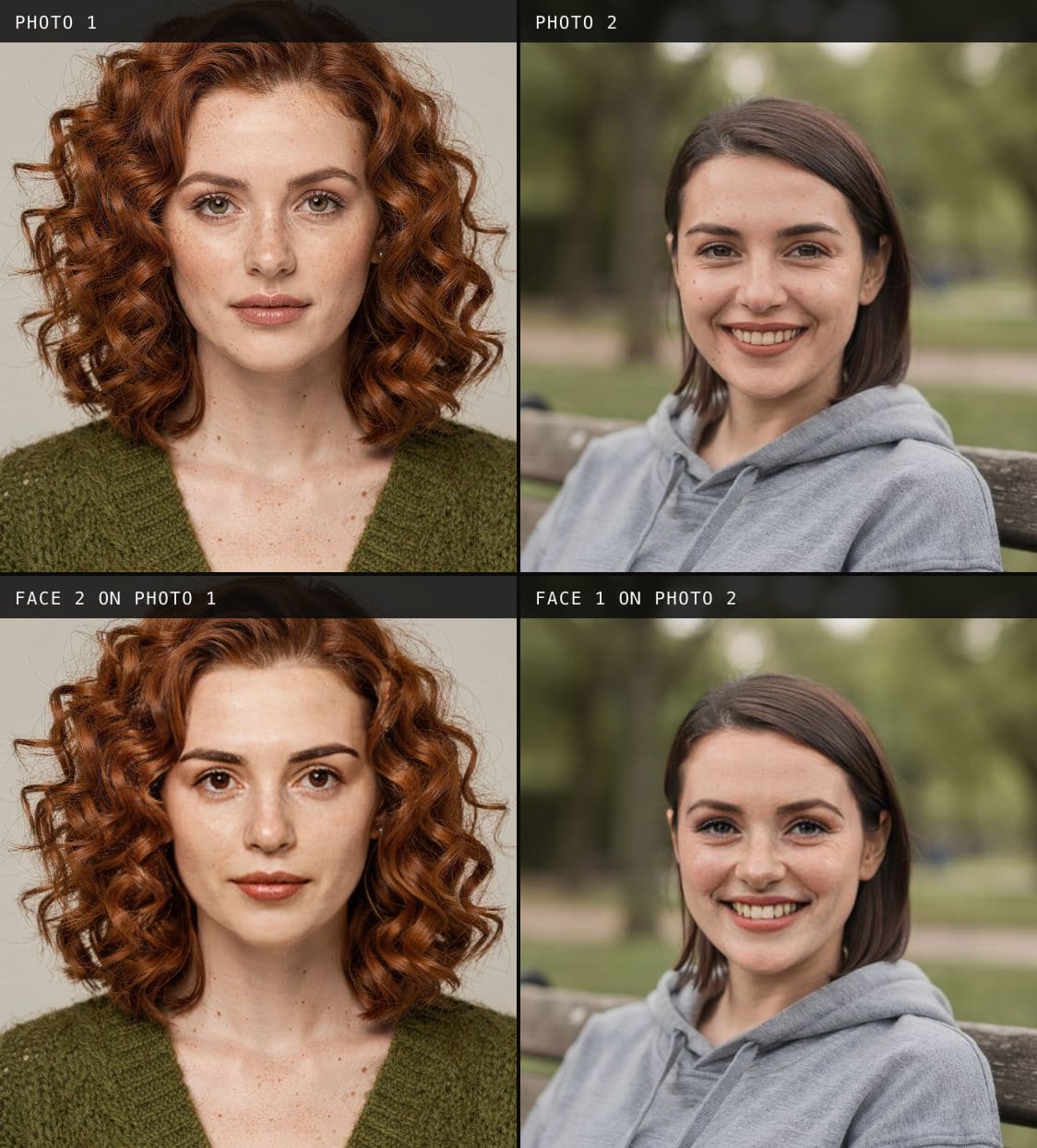 Two photos and the two swaps between them: each result keeps its photo's hair, clothes and background