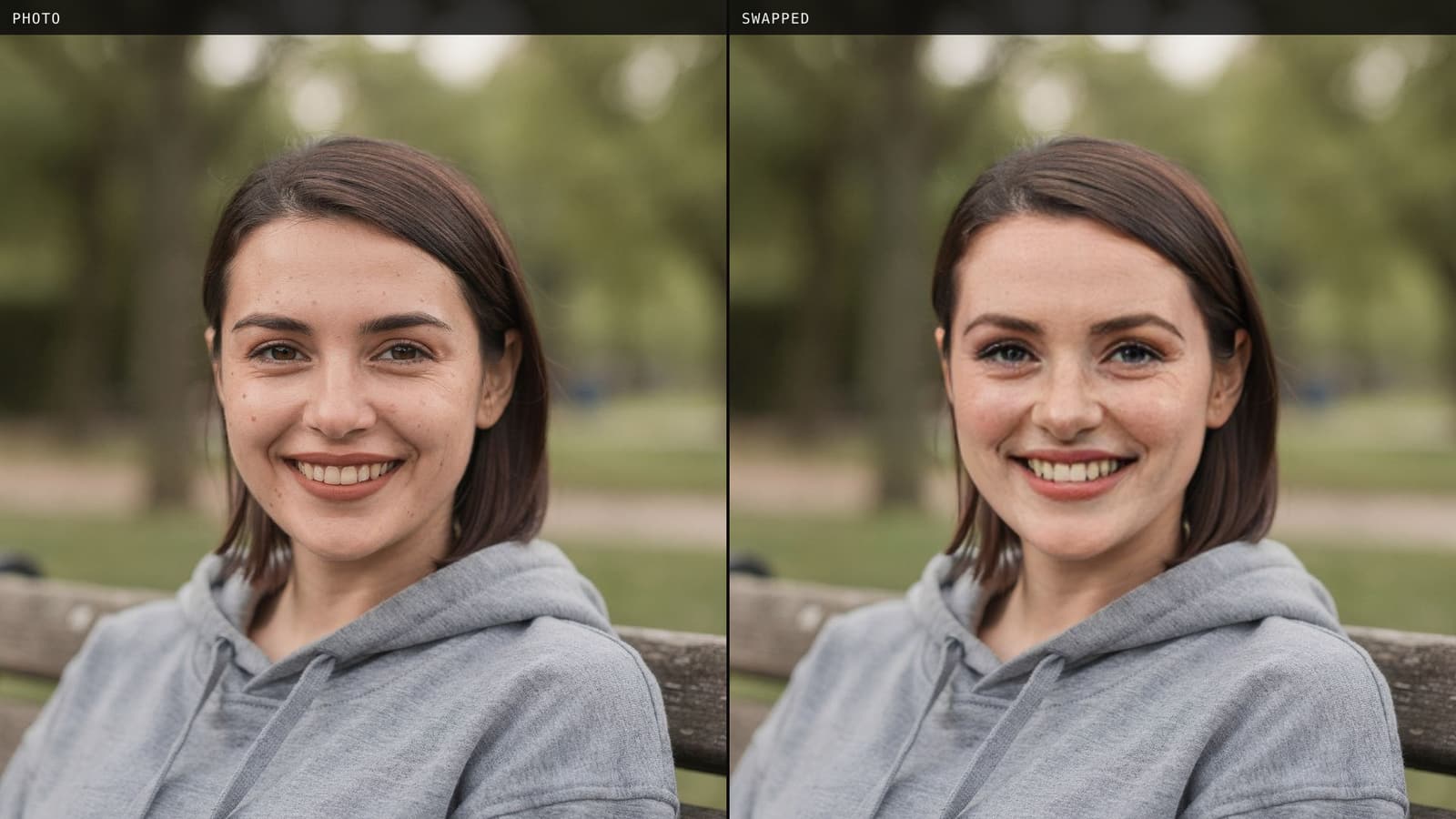 A photo of a woman on a park bench next to the same photo with a different face swapped in