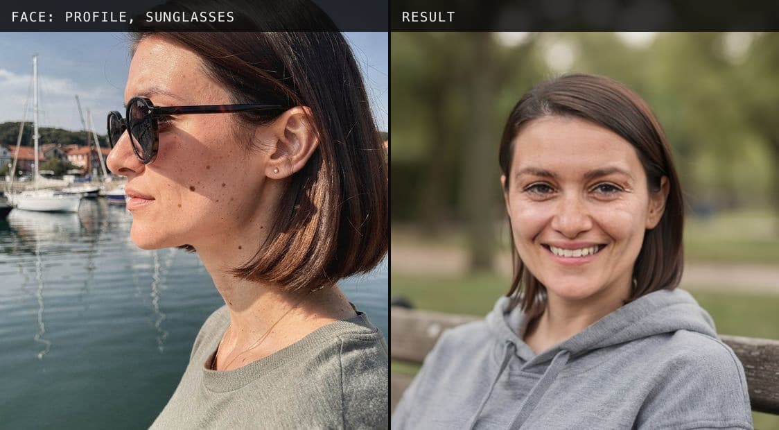 A side-profile photo with sunglasses used as the face, and the front-facing result it gave