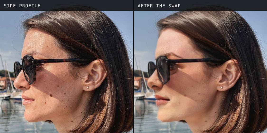 A side-profile photo before and after the swap: only the skin and the nose line change a little