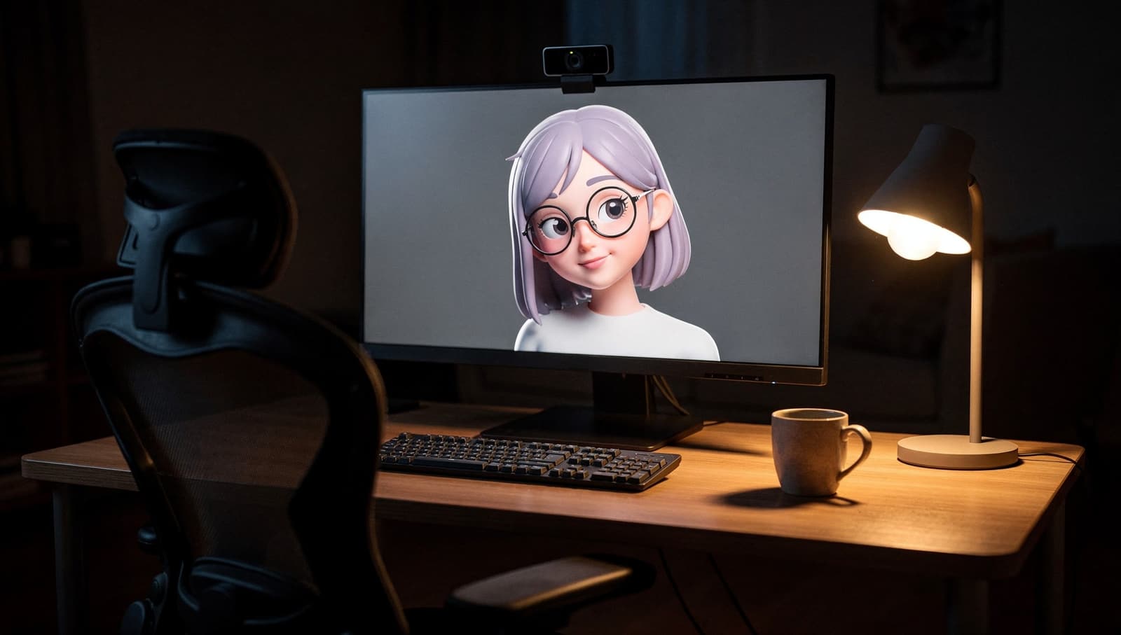 A streaming desk at night with a 3D cartoon avatar on the monitor and a webcam on top