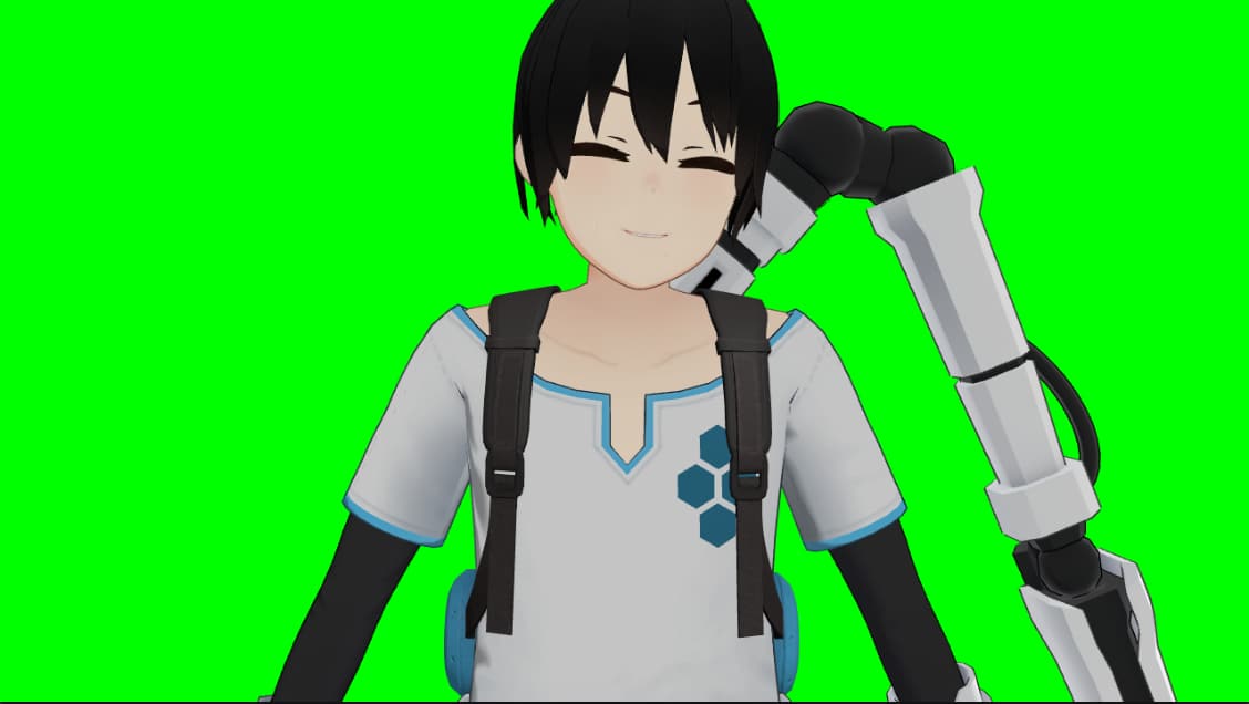 The same avatar on a green screen background, ready for a Chroma Key in OBS