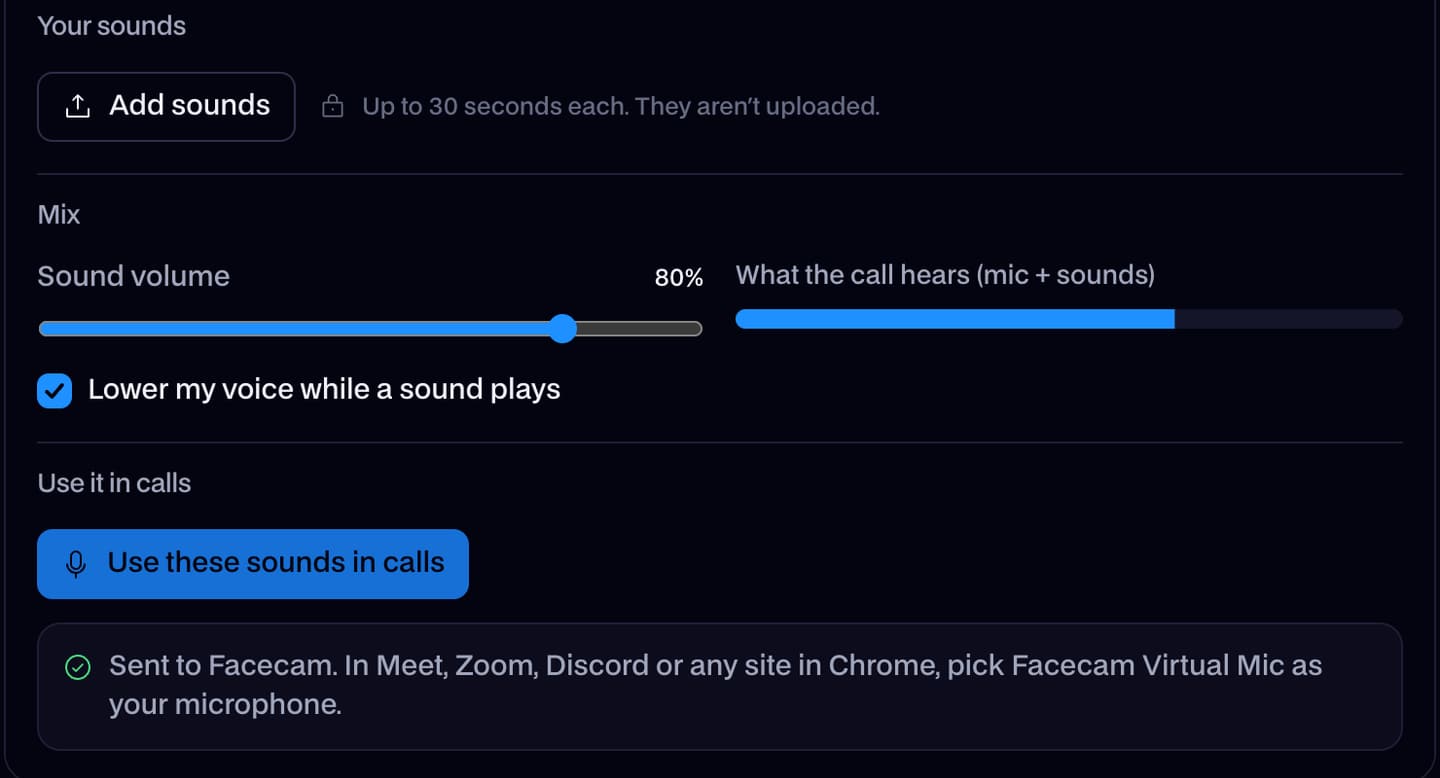 Facecam's Soundboard after Use these sounds in calls: sent to the Facecam Virtual Mic