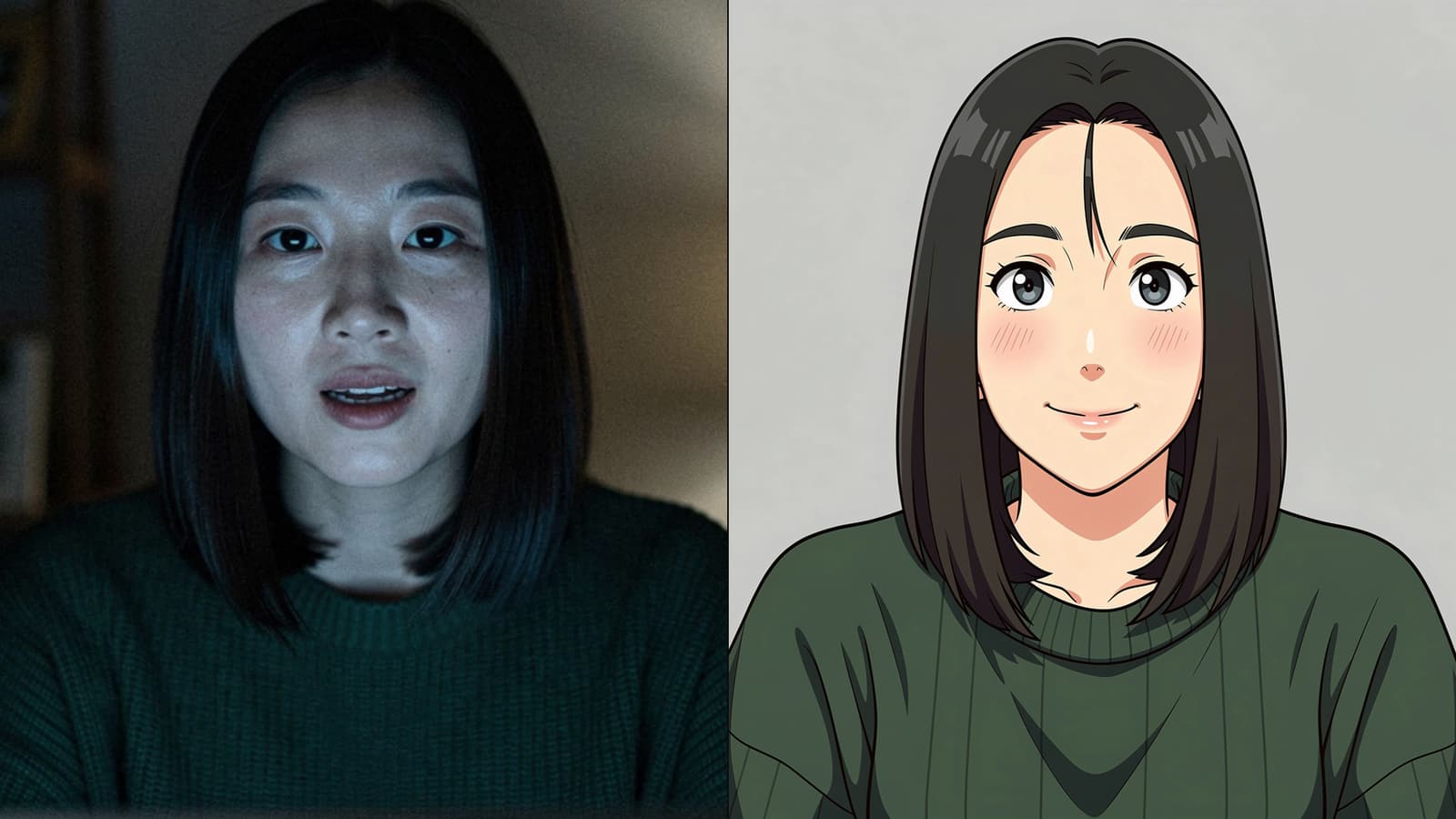 A photo of a fictional person beside the anime avatar the AI Avatar Maker drew from it