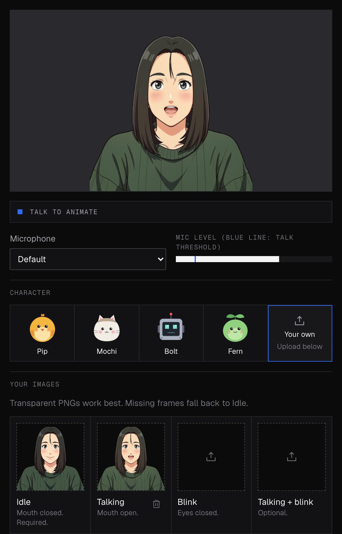 The avatar's idle and talking frames loaded into PNGTuber Maker
