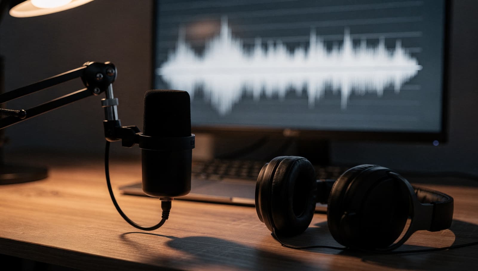 A microphone and headphones on a desk at night, a sound wave on the monitor behind