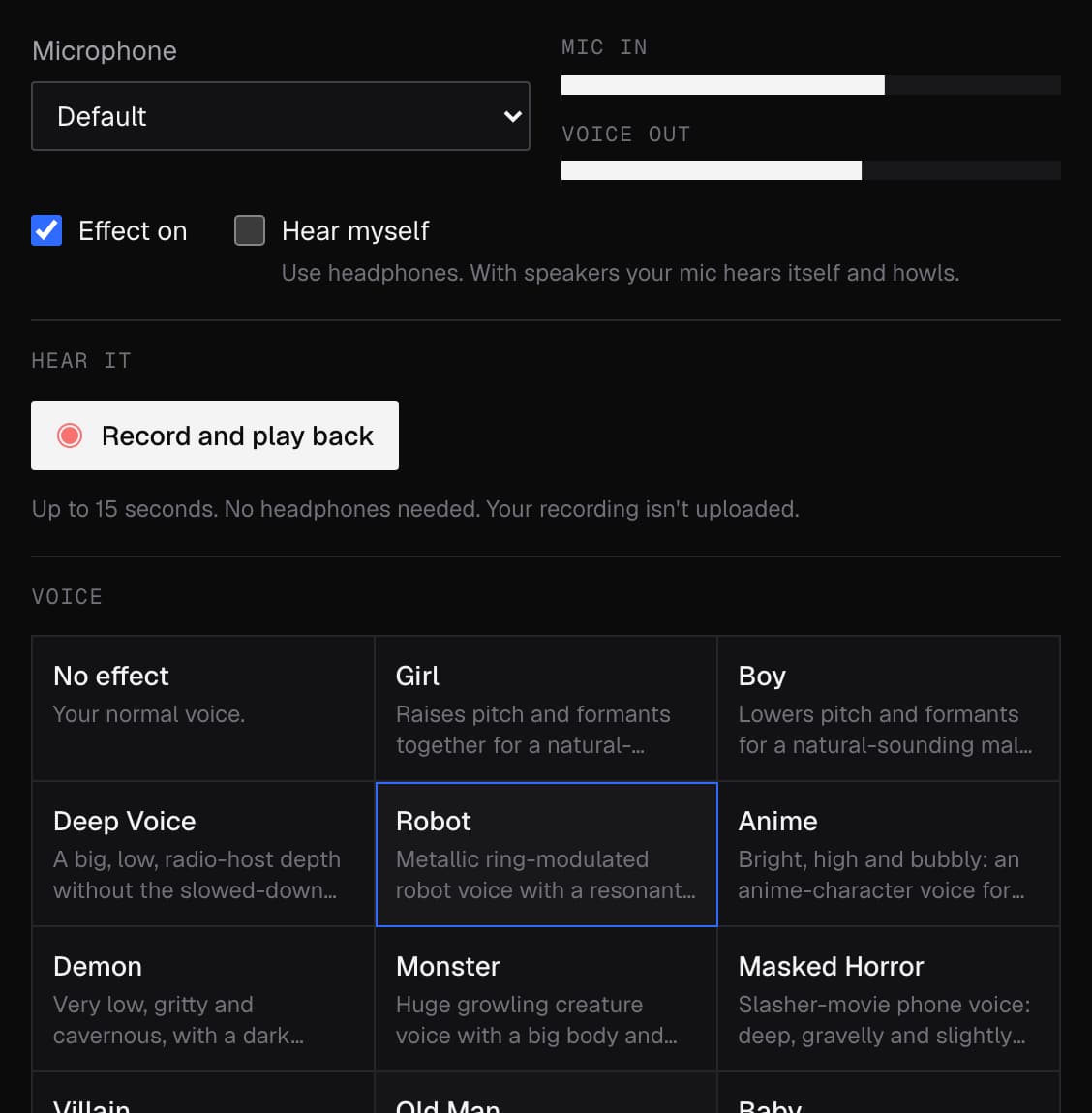Facecam's Real-Time Voice Changer running in a Chrome tab with the Robot preset on