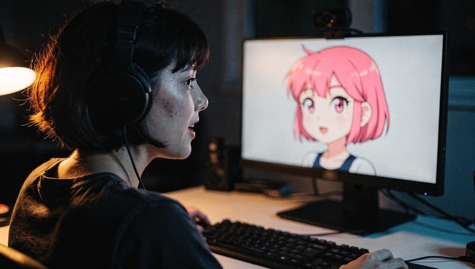 A streamer at her desk while a cartoon avatar on her monitor copies her head tilt