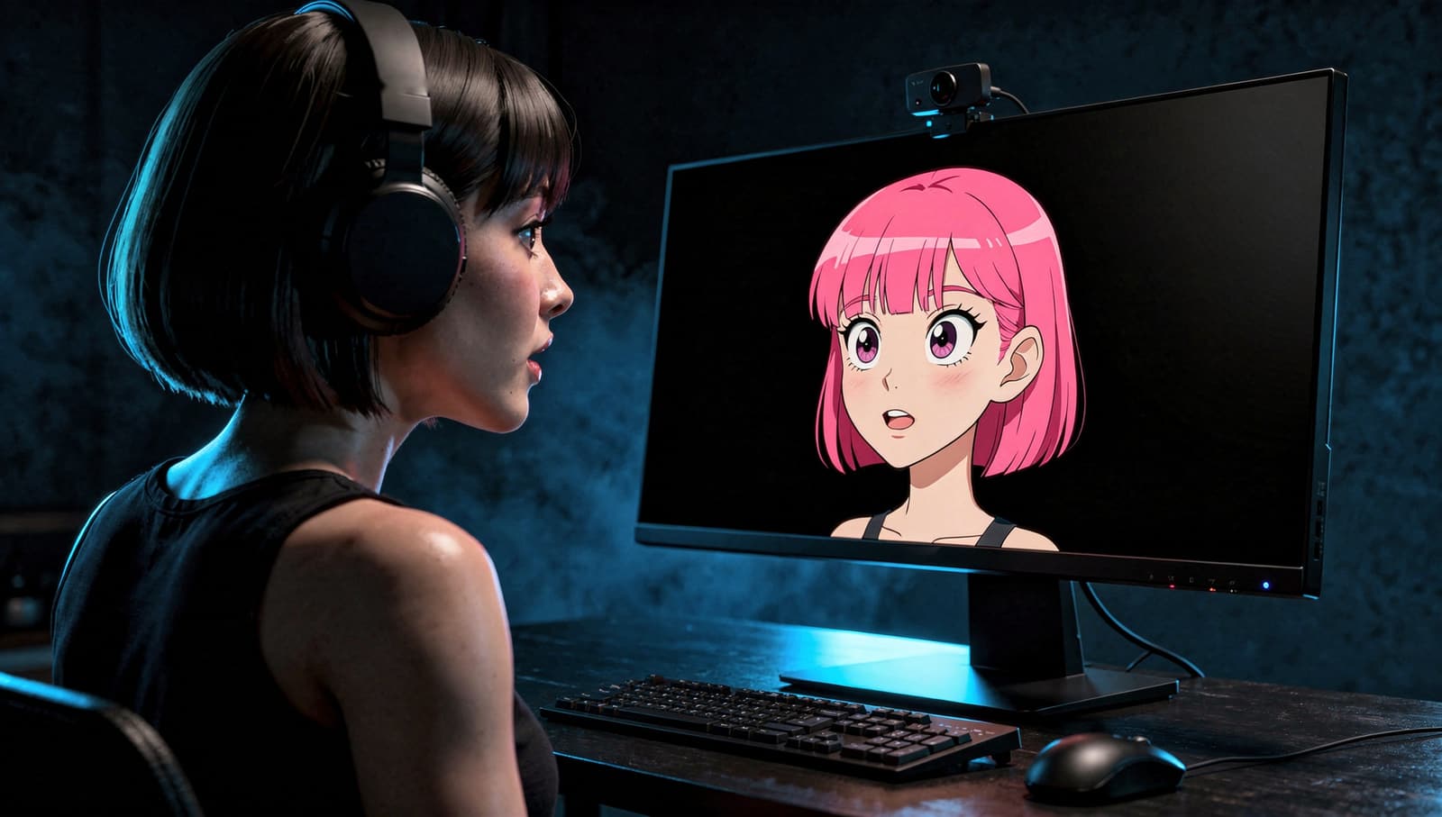 A streamer at her desk while a cartoon avatar on her monitor copies her head tilt