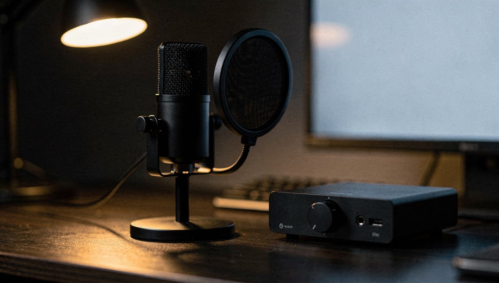 A USB microphone with a pop filter on a desk at night
