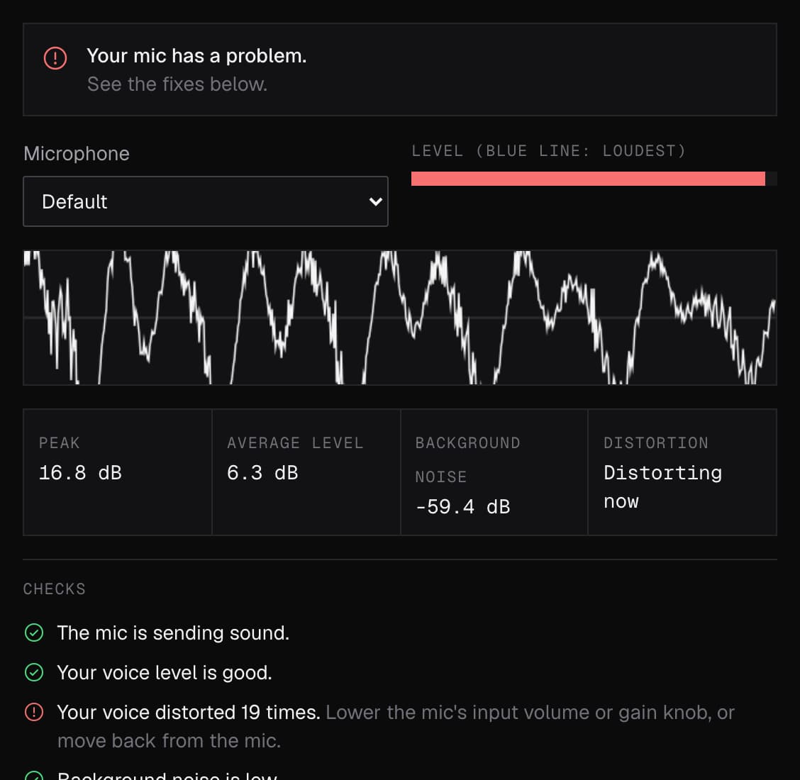 Mic Test with the voice distorting: it counted 19 distortions