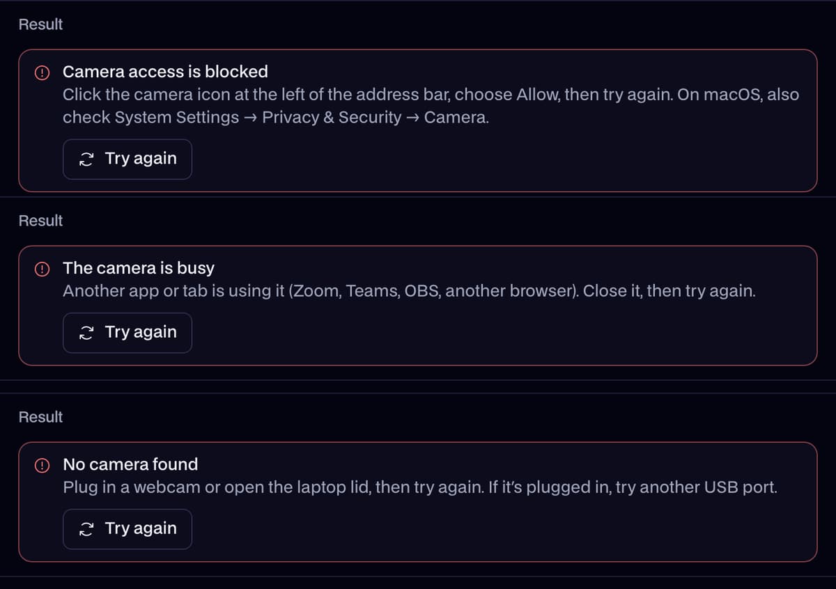 The three messages Webcam Test shows when no picture arrives: camera access is blocked, the camera is busy, and no camera found