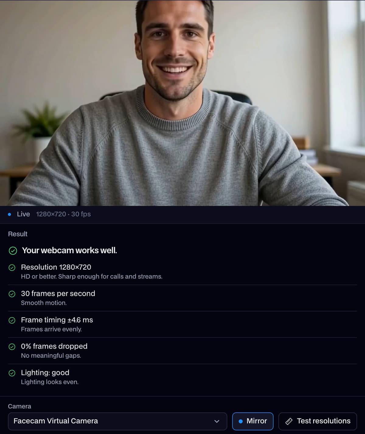 Webcam Test reading Facecam Virtual Camera before any face swap: the real camera picture passes through and every check passes