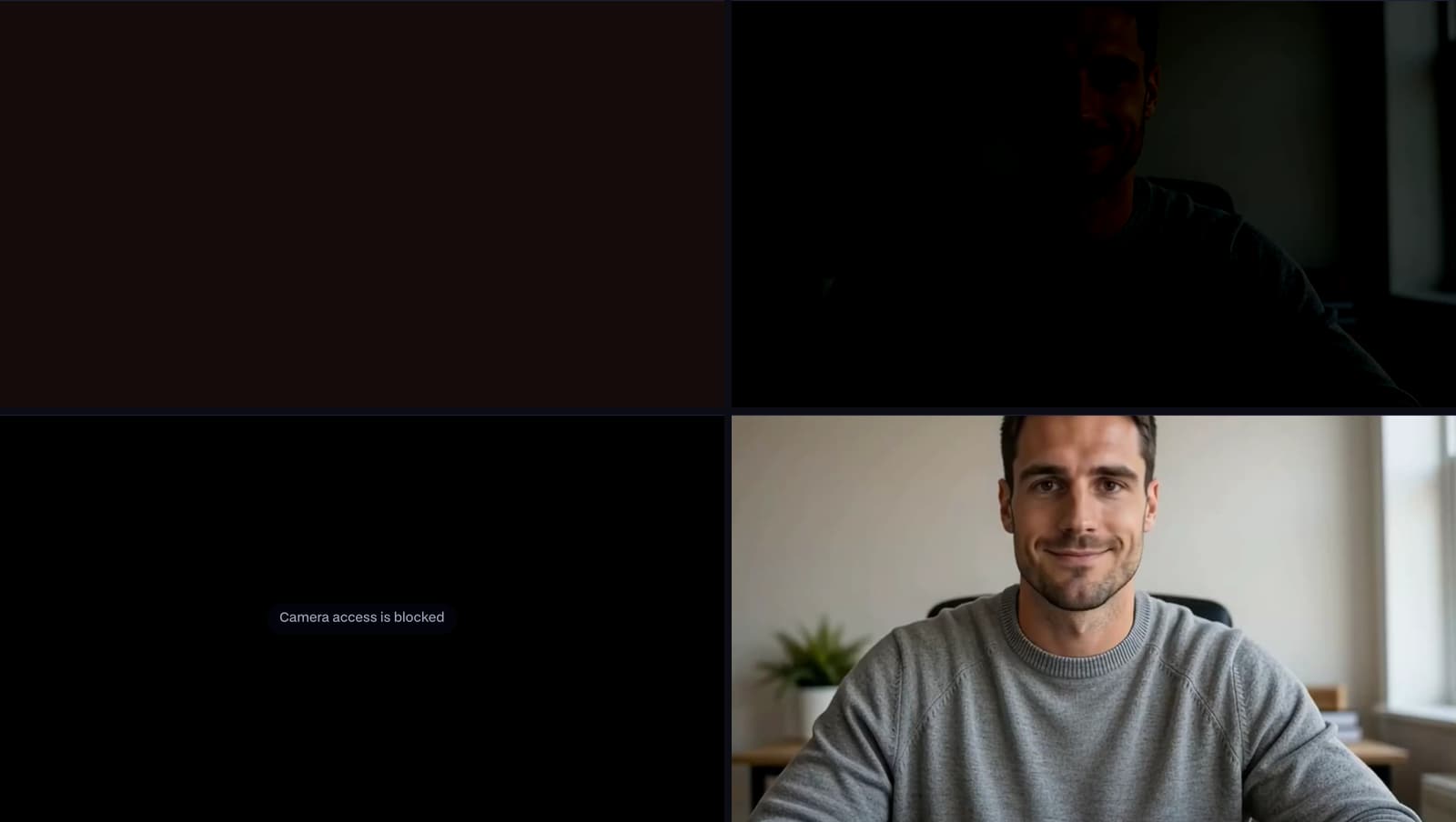 Four webcam previews in Facecam's Webcam Test: a covered lens (flat black), a very dark room, a blocked camera, and the same camera in good light