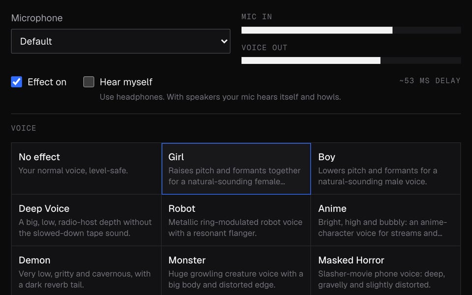 Facecam's Real-Time Voice Changer running in Chrome with the Girl voice