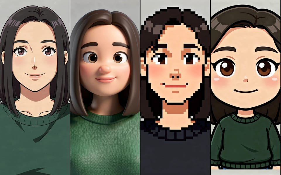 The avatars AI Avatar Maker drew from it: anime, 3D cartoon, pixel art and chibi