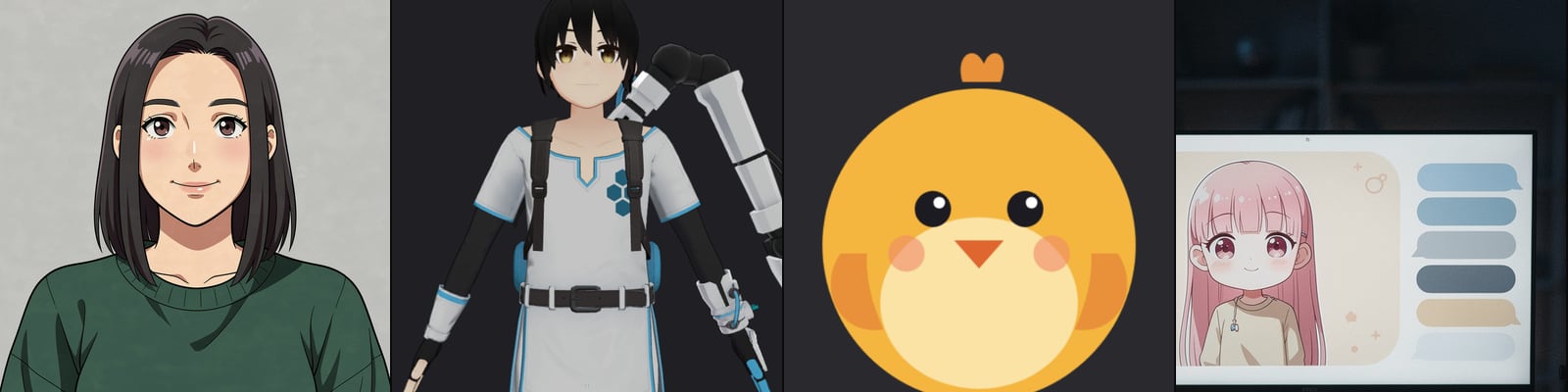 Four kinds of VTuber: a 2D anime avatar, a 3D model, a PNGtuber and an AI VTuber on stream