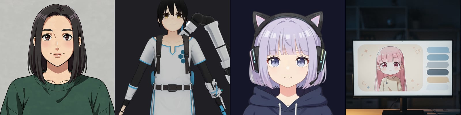 Four kinds of VTuber: a 2D anime avatar, a 3D model, a PNGtuber and an AI VTuber on stream