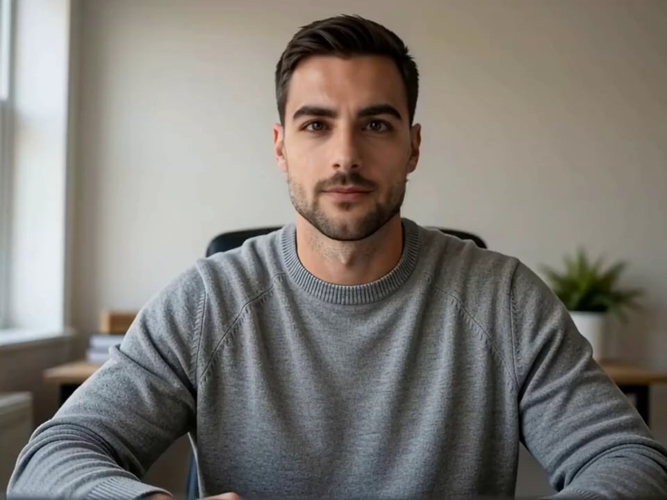 Webcam frame of a man at his desk, the right side swapped to a fictional character by Facecam