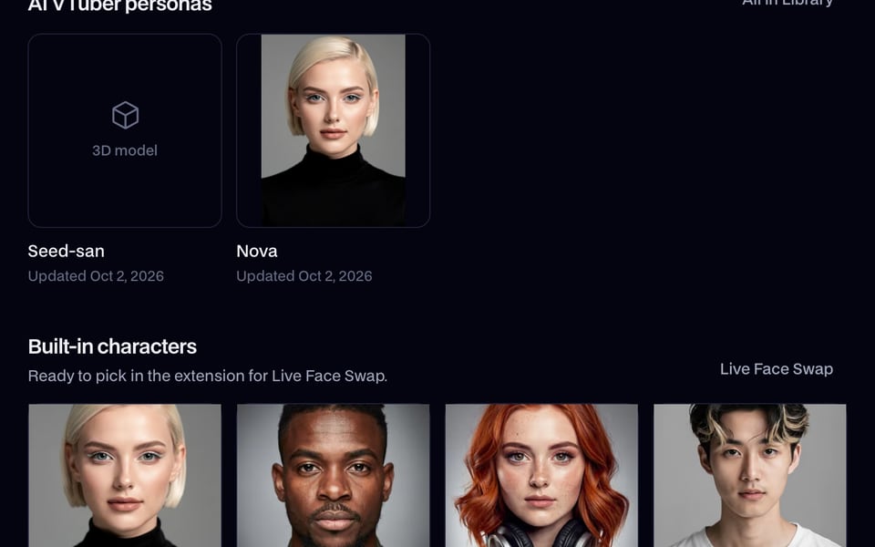 The Characters page in the Facecam app with the eight built-in characters