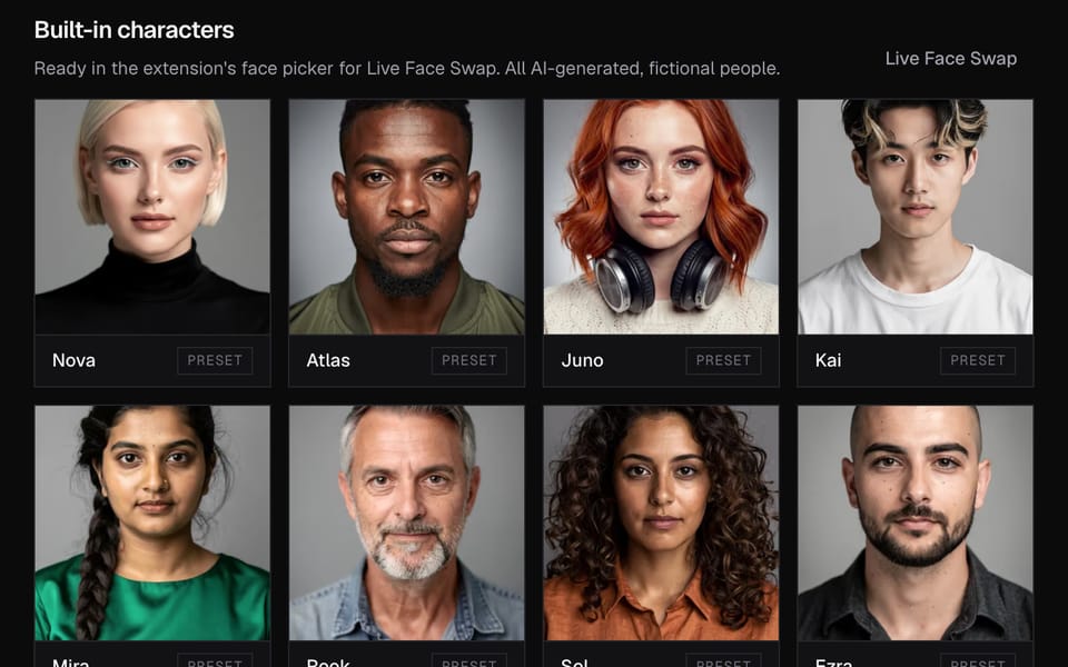 The Characters page in the Facecam app with the eight built-in fictional characters