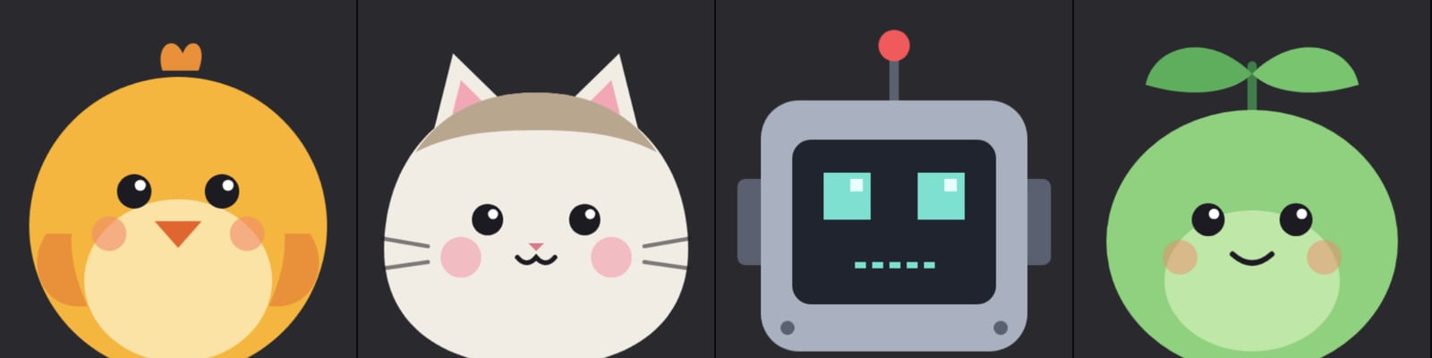 The PNGTuber Maker's four starter avatars: Pip, Mochi, Bolt and Fern