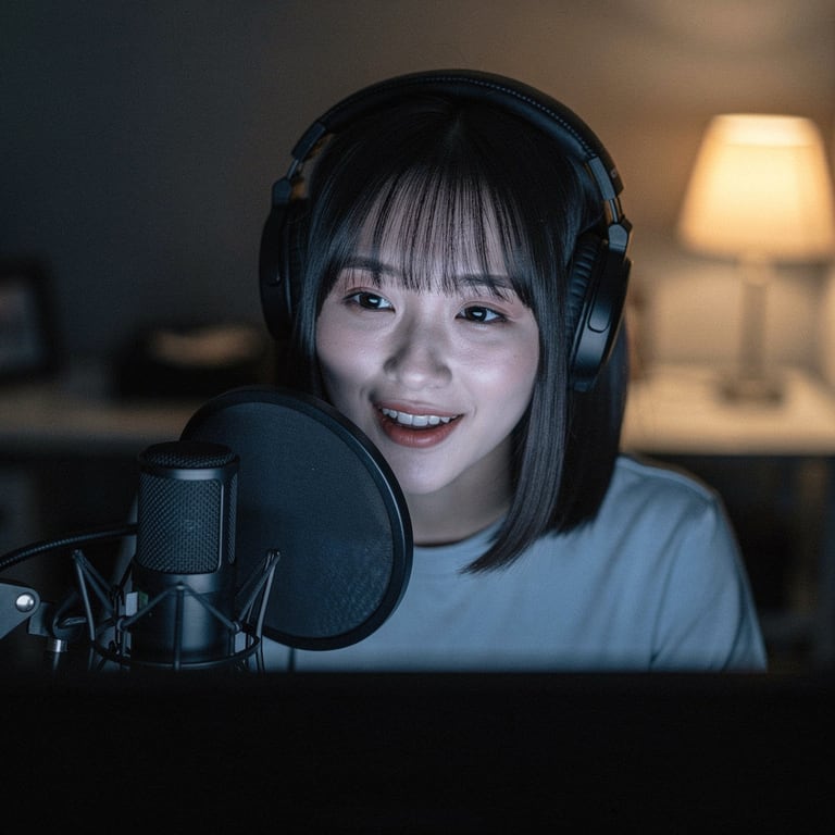 A young woman with headphones speaking into a studio microphone