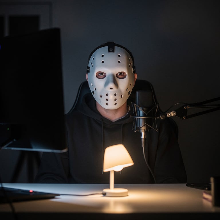 A person in a plain white hockey-style mask at a microphone