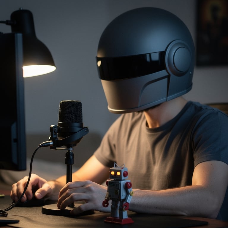 A person in a grey helmet costume at a microphone, a toy robot beside it