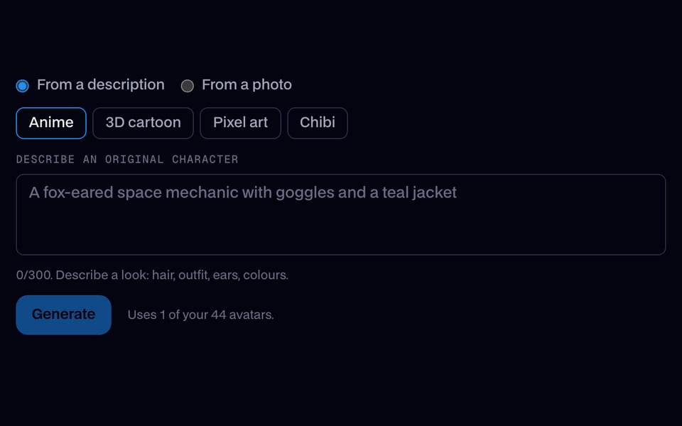 AI Avatar Maker: pick a style and describe the character