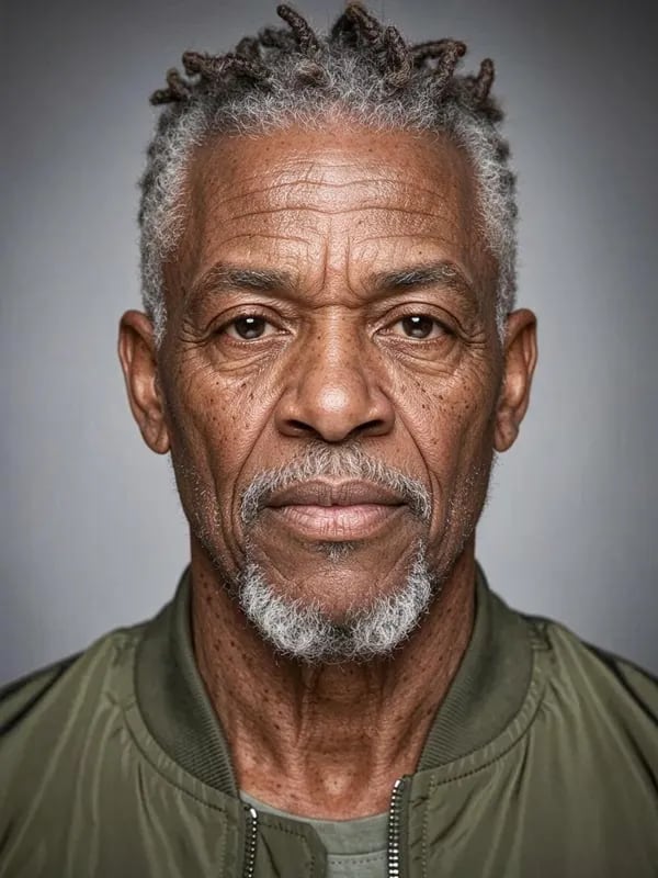 The same man about 35 years older after the Old filter, grey hair and beard