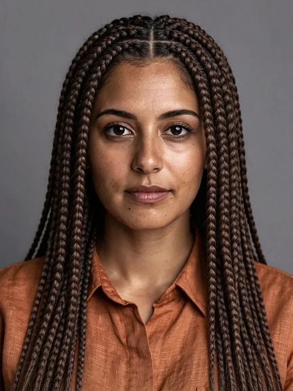 The same woman with long box braids from the AI Hairstyle Changer