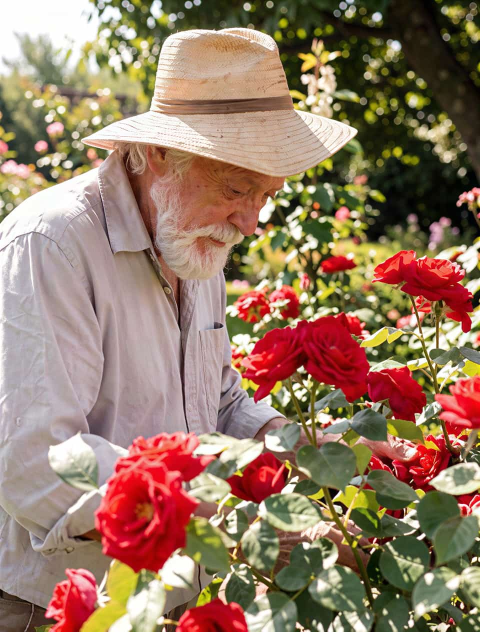The same photo enhanced 4x: sharp beard, wrinkles, hat weave and roses