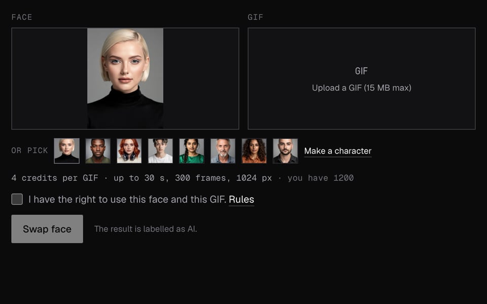 GIF Face Swap with a fictional character picked as the face