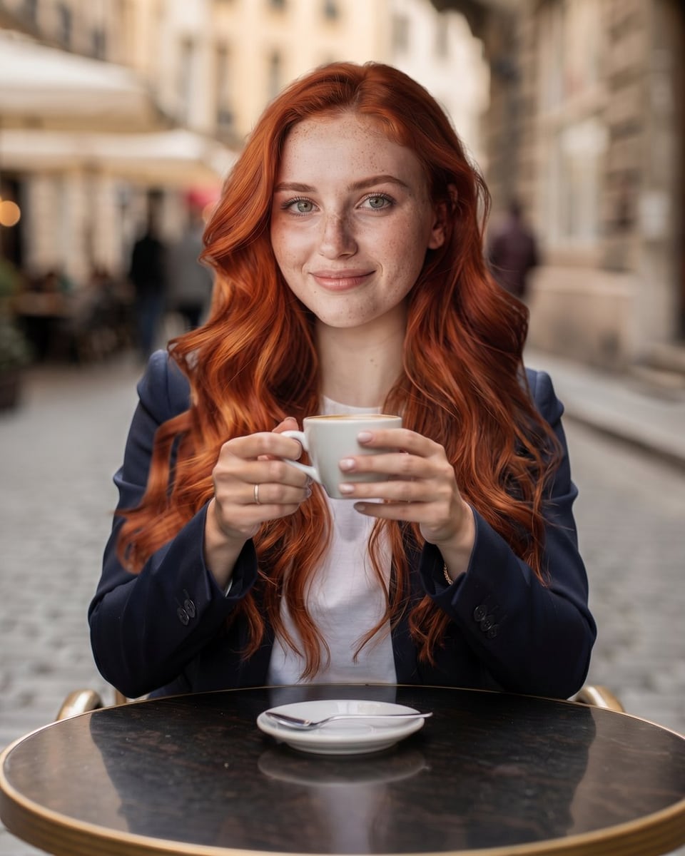 The same cafe photo with a red-haired woman's whole head, long hair falling over the blazer