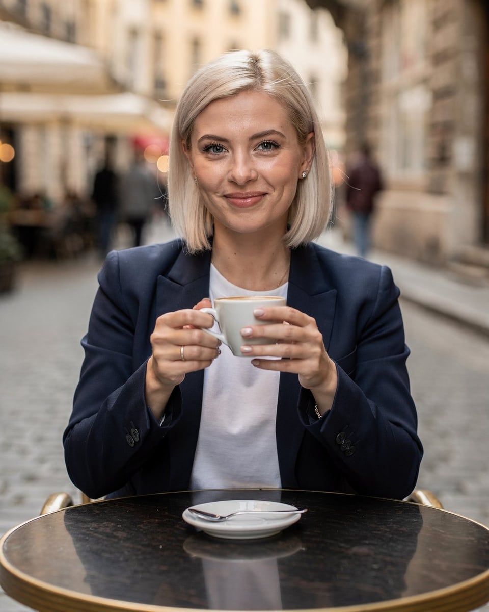 A woman with a short platinum bob at a cafe table, before the head swap