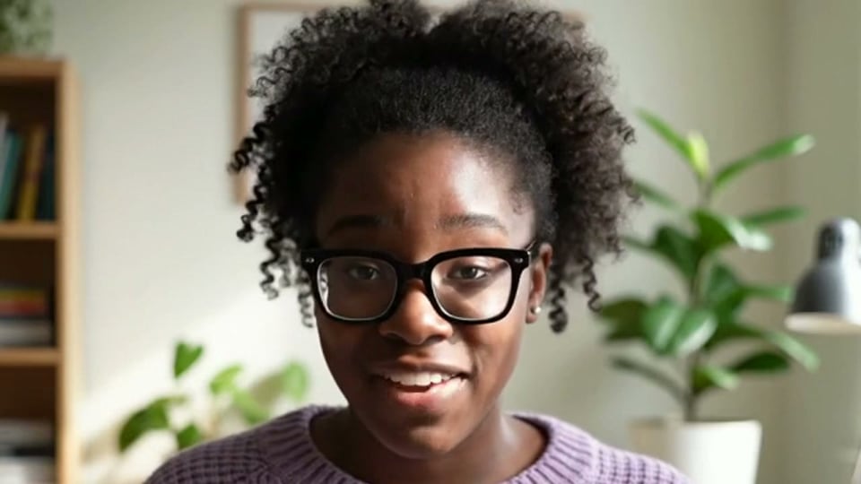 Webcam frame of a woman with glasses at her desk, before the filter