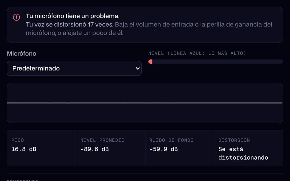 Prueba de micrófono: la voz se distorsiona (clipping)