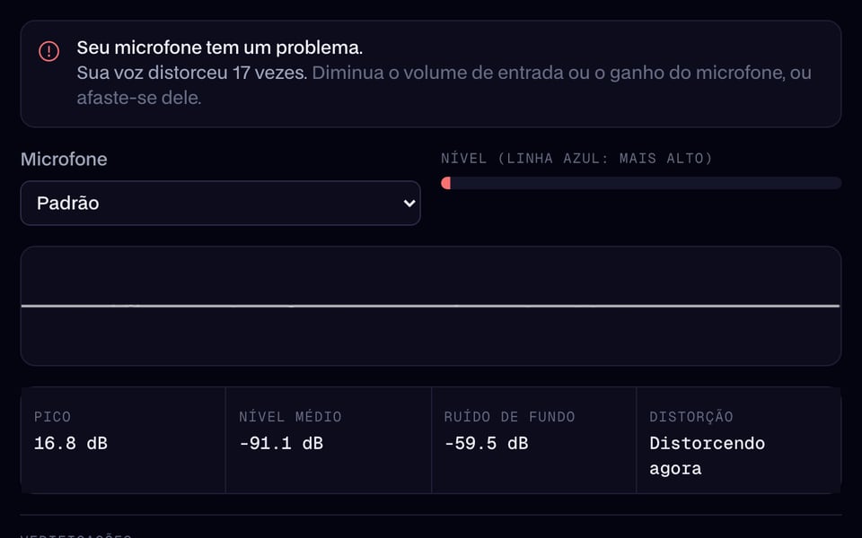 Teste de microfone: a voz está distorcida (clipping)