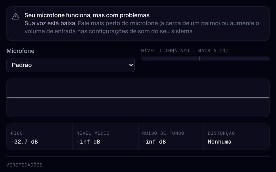 Teste de microfone: funciona, mas a voz está baixa demais