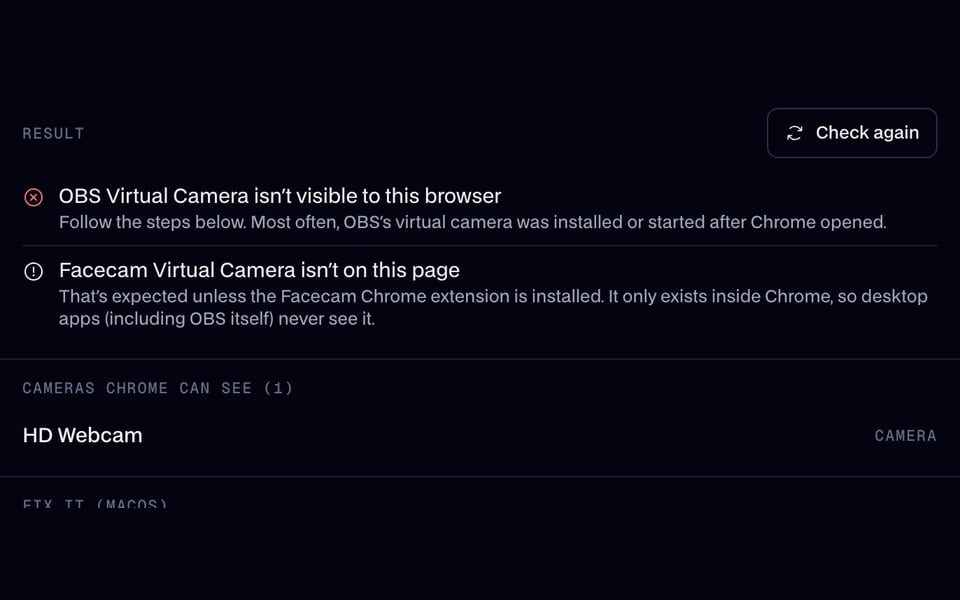 The checker when Chrome can't see OBS Virtual Camera