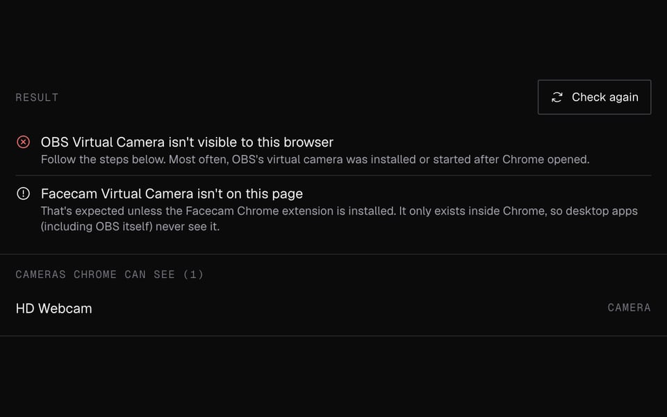 The checker when Chrome can't see OBS Virtual Camera