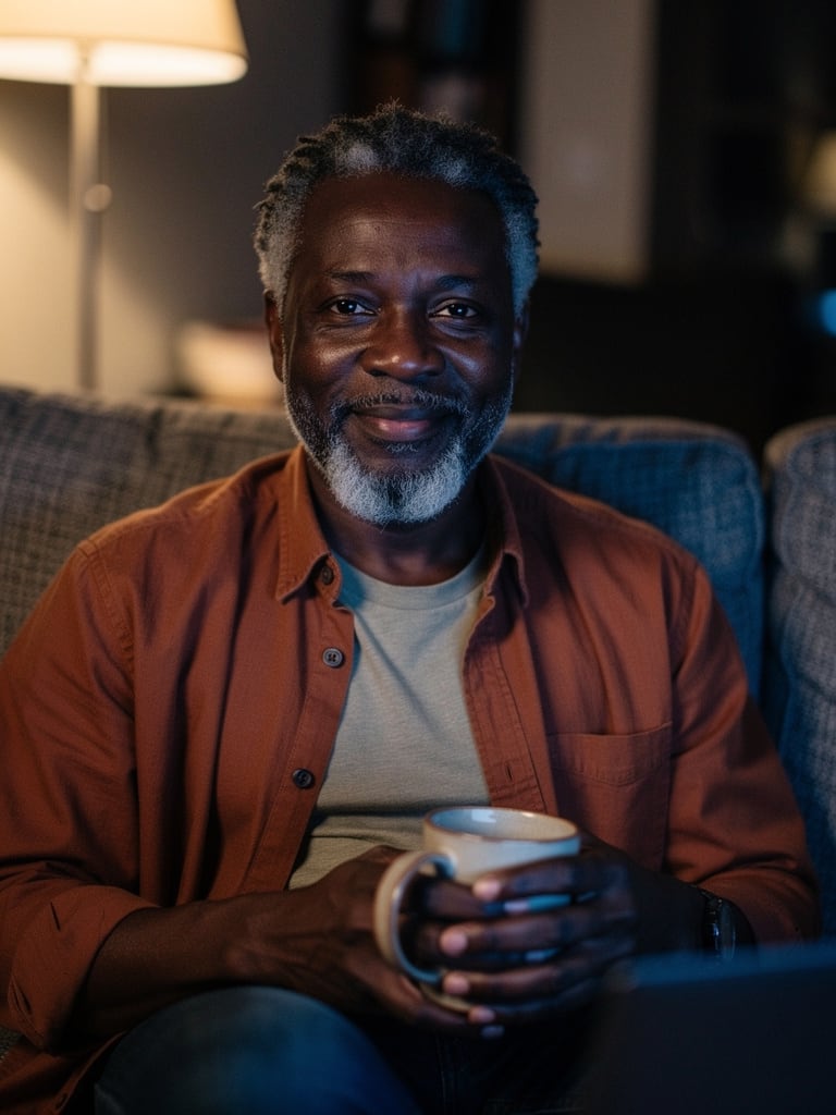 Photo of an older man with a grey beard on a sofa, before the face swap